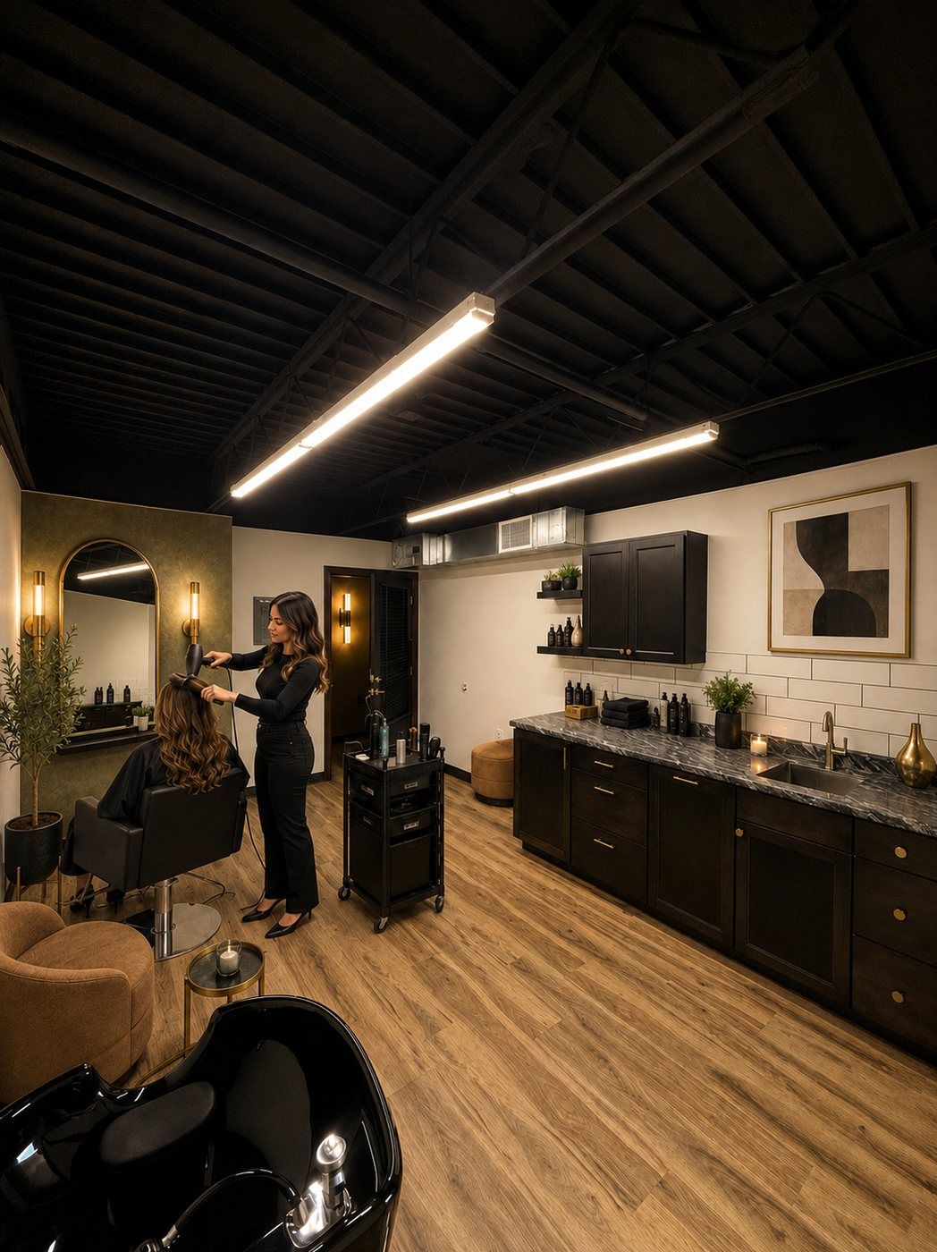 Von Rae private suite — stylist working with a client in a finished black-and-gold suite