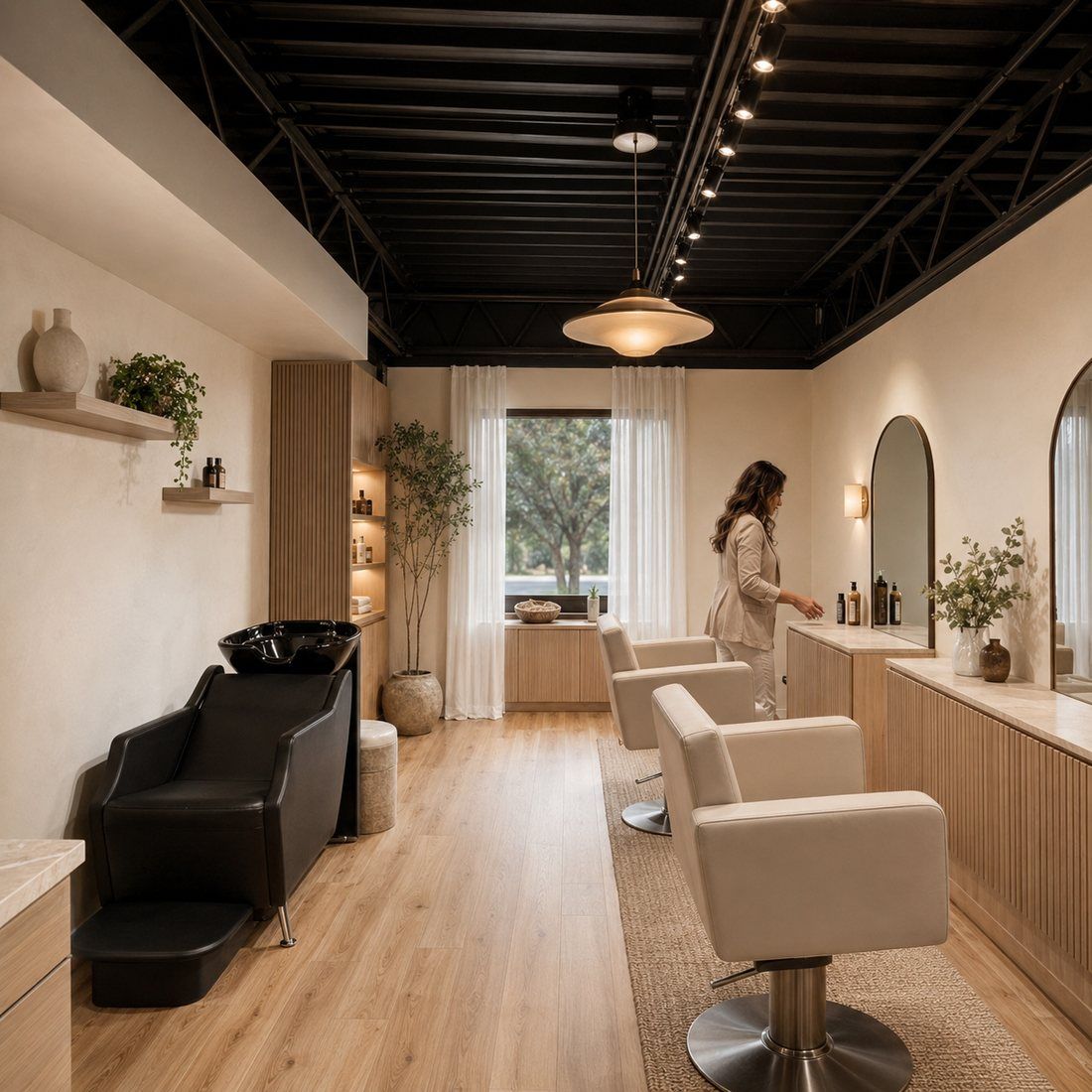 A bright Von Rae suite with cream styling chairs and a black shampoo station