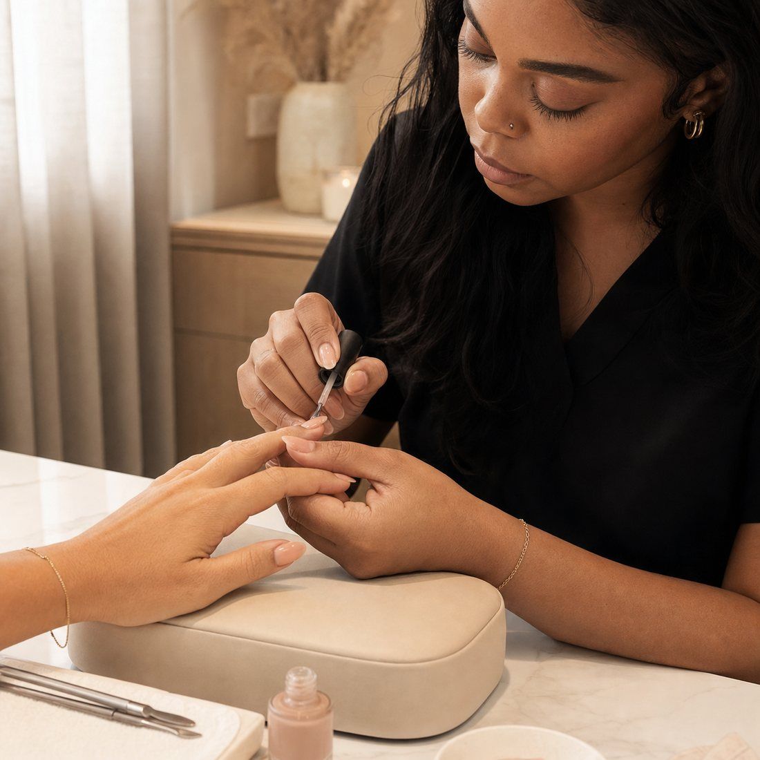 Nail professional applying polish at Von Rae