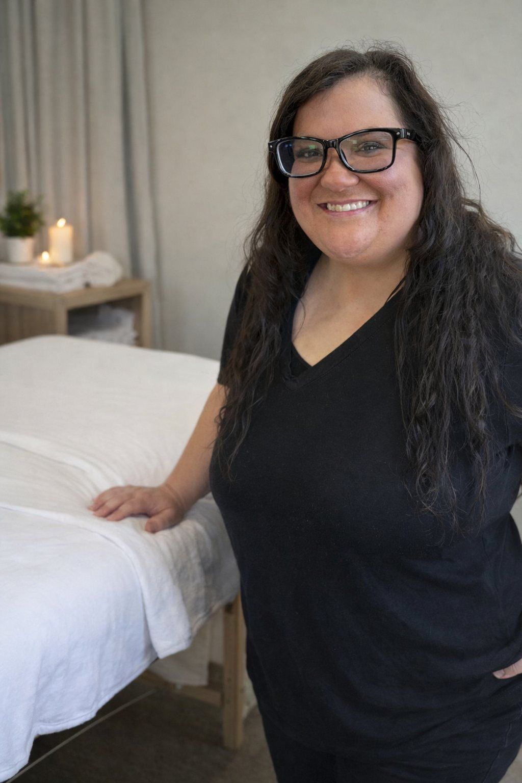 Allie Nothdurft of Massage by Allie beside her treatment table at Von Rae