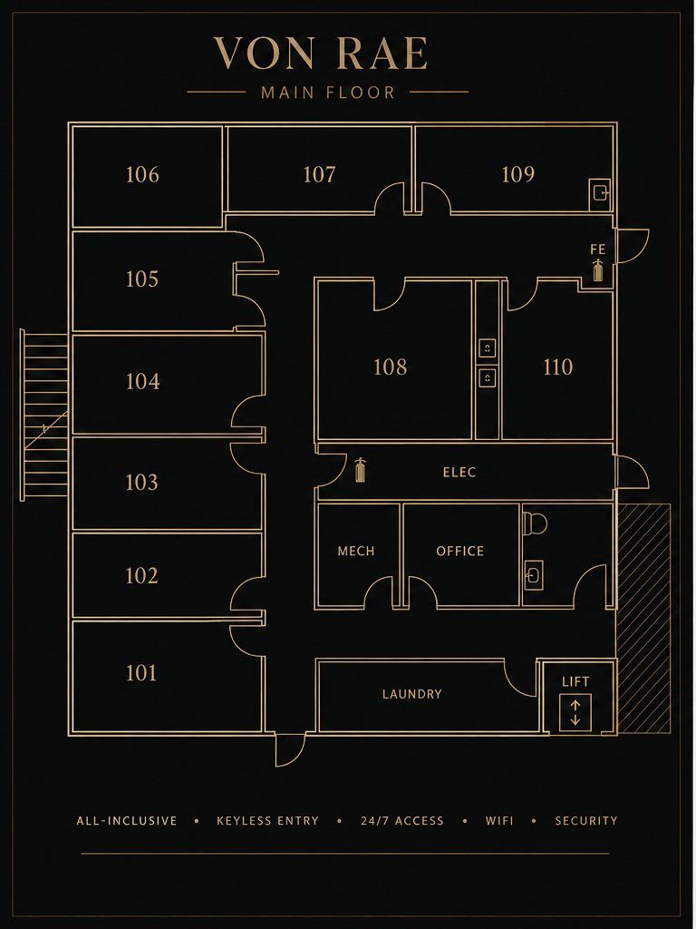 Von Rae main floor plan showing suites 101 through 110, office, laundry, and lift