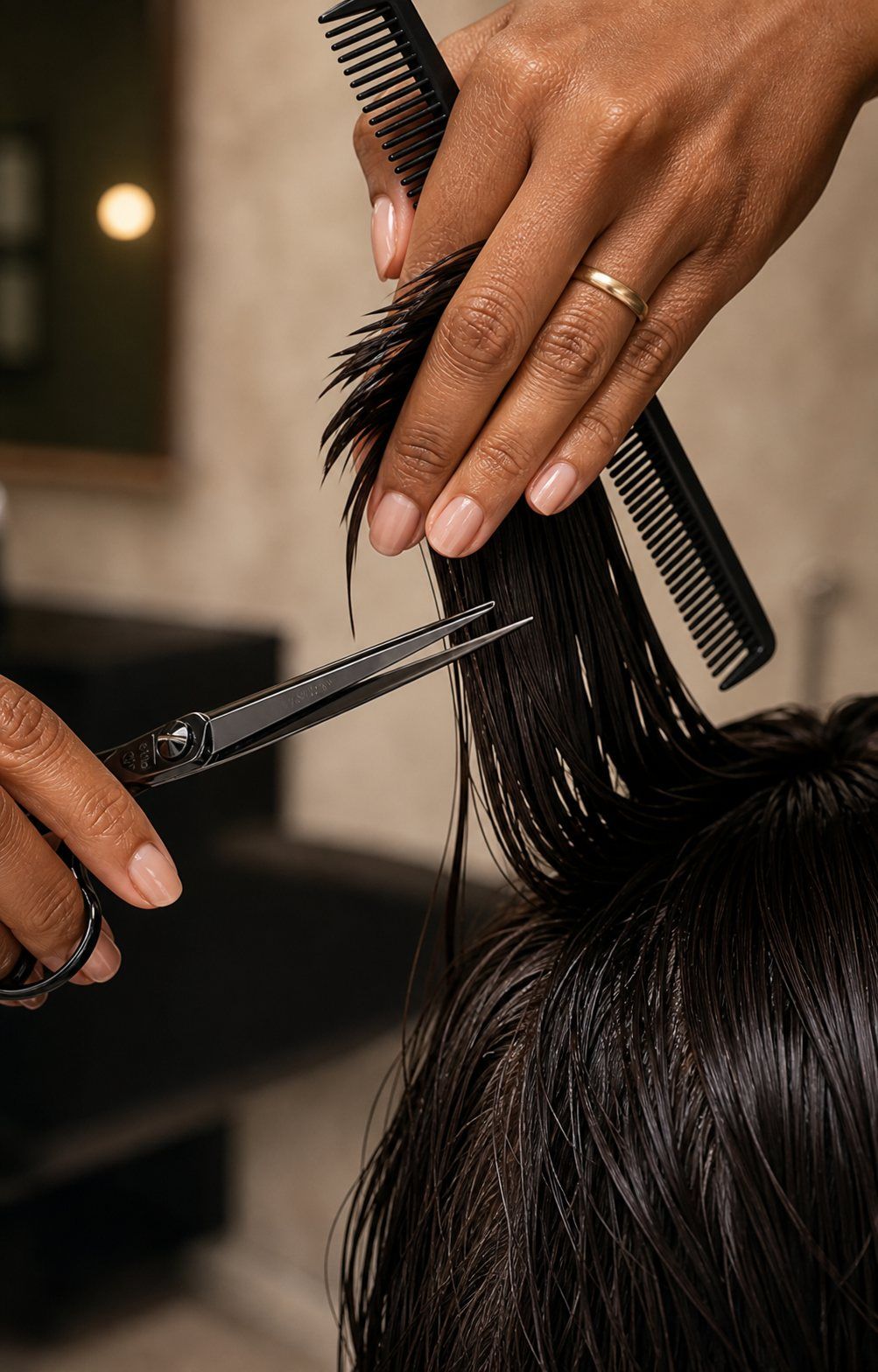 A close-up of a stylist's hands sectioning and cutting hair at Von Rae