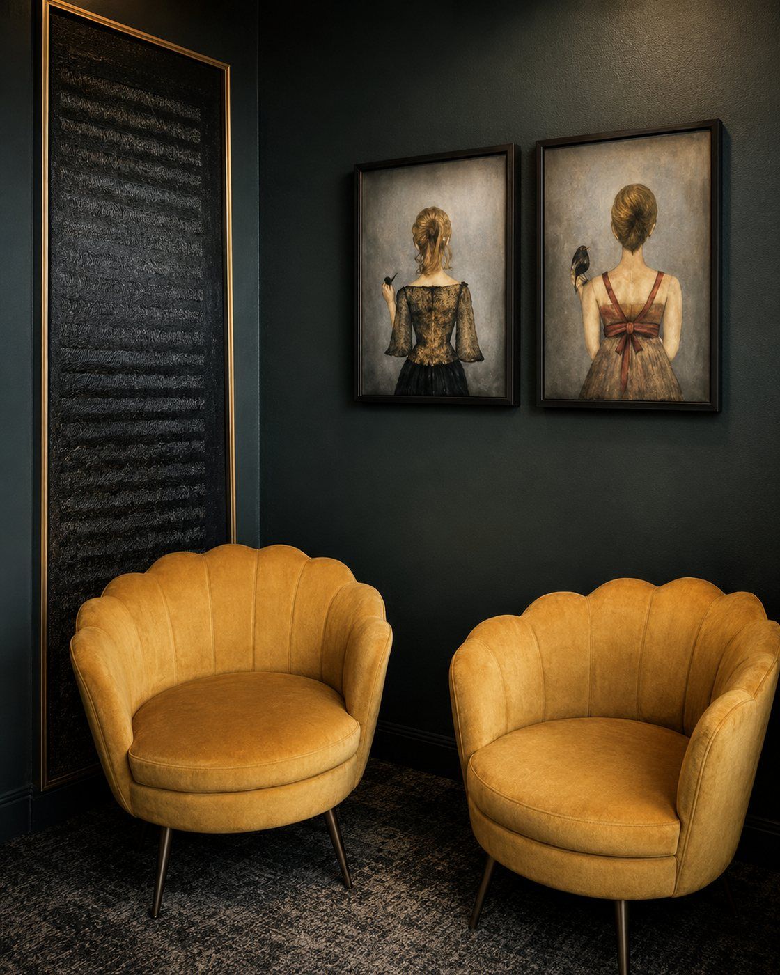 Two gold velvet chairs beneath a pair of framed portraits in a Von Rae sitting nook