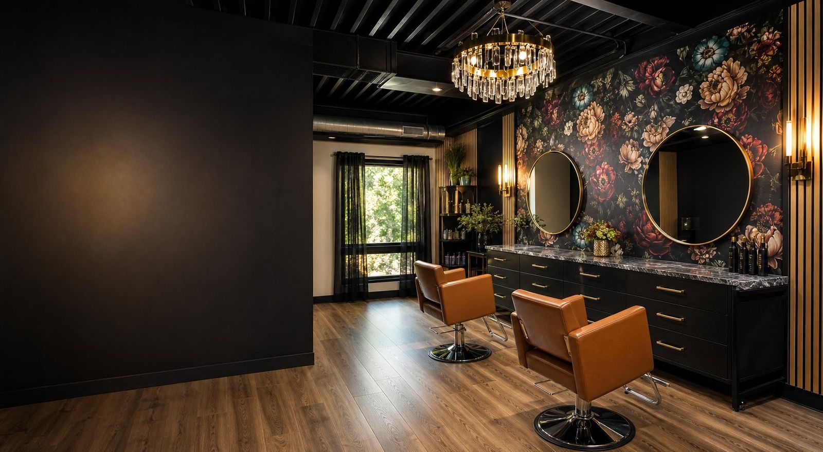 A finished Von Rae suite with floral wallpaper, gold mirrors, and cognac styling chairs