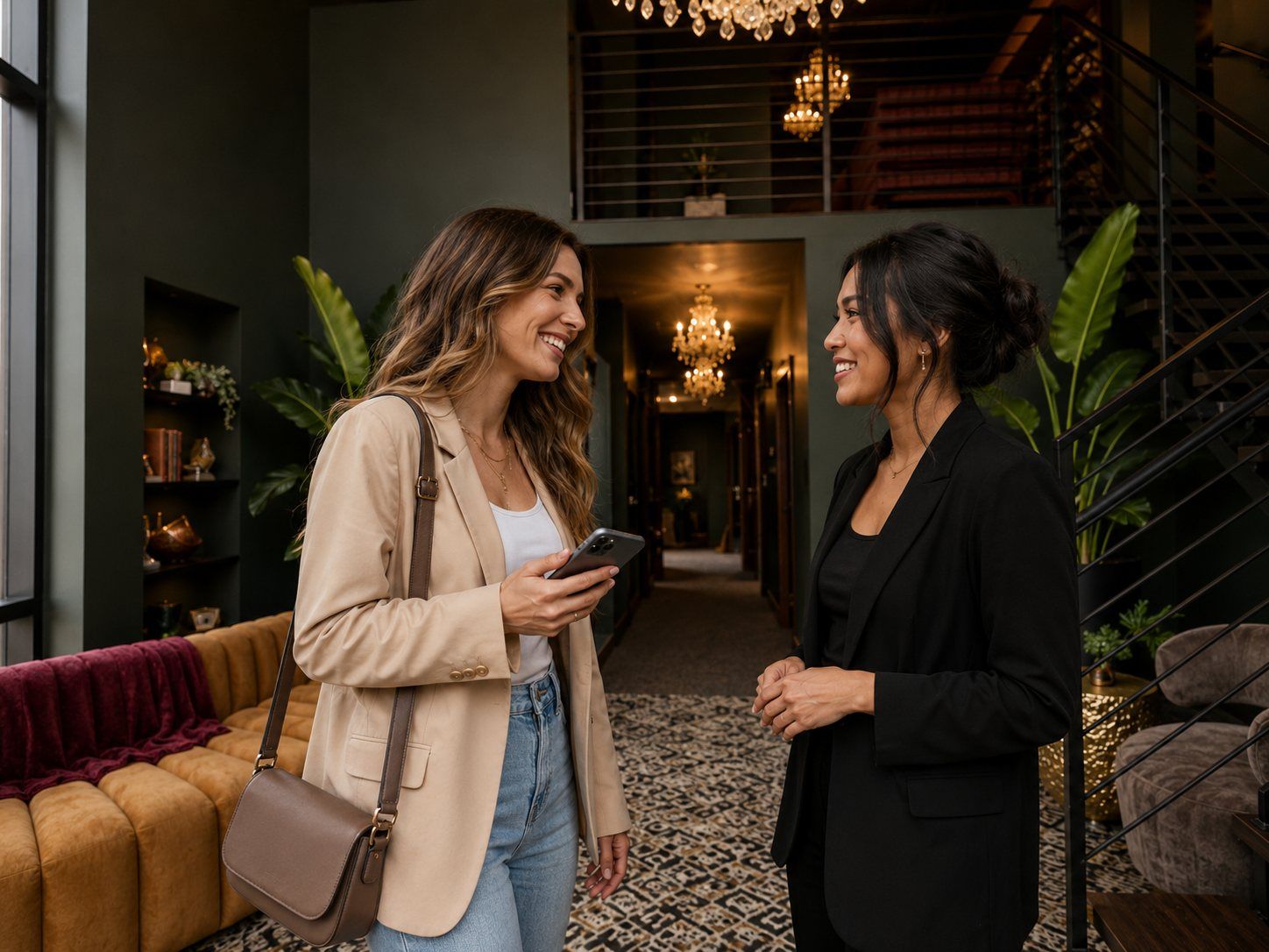 A client and provider talking in the Von Rae entry lounge