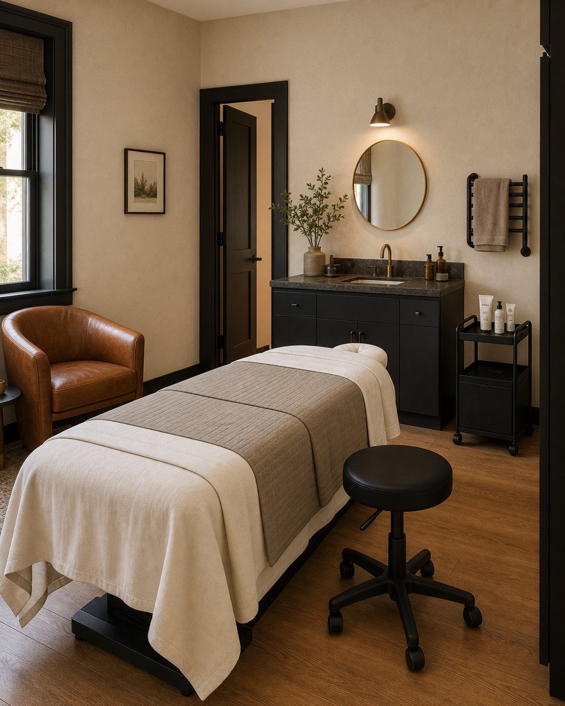 A warm Von Rae treatment room with massage table, leather chair, and gold round mirror