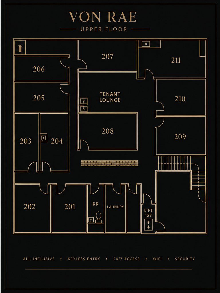 Von Rae upper floor plan showing suites 201 through 211, tenant lounge, laundry, and lift