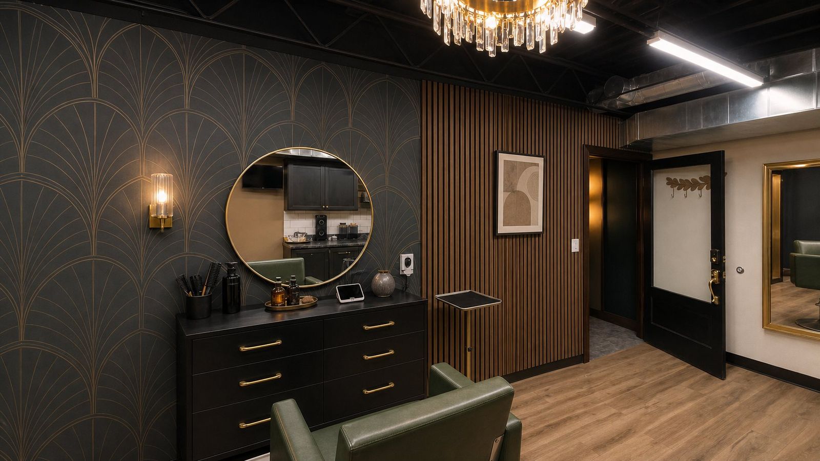 A Von Rae suite with gold fan wallpaper and green leather chairs