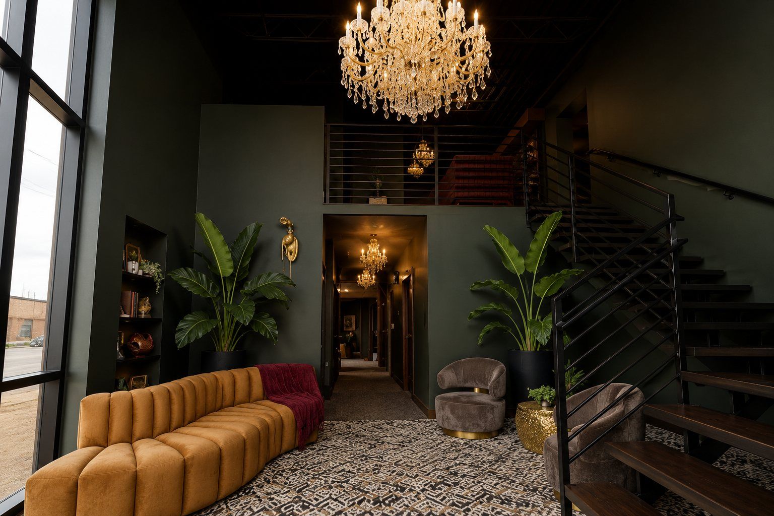Von Rae Salon Suites entry — chandelier, velvet seating, and staircase in the dark green lounge