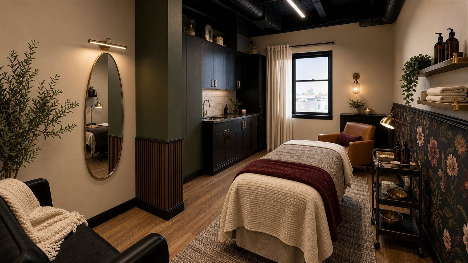 A warm Von Rae spa suite with layered treatment table, leather chair, gold cart, and floral wall