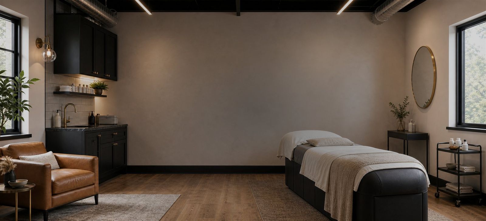 A Von Rae spa suite with treatment bed, leather chair, and black cabinetry